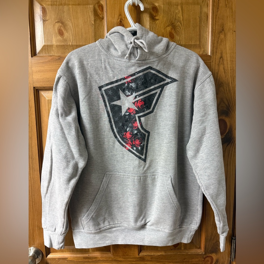 Famous Stars & Straps Gray Hoodie with Black and Red Floral Graphic